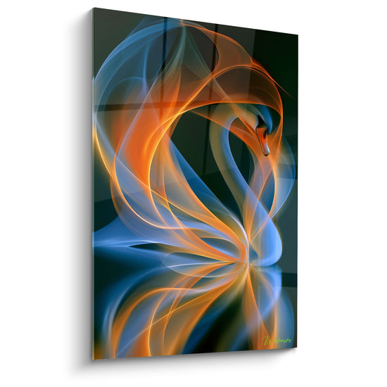 Cygne bleu et orange aux volutes lumineuses sur fond anthracite profond