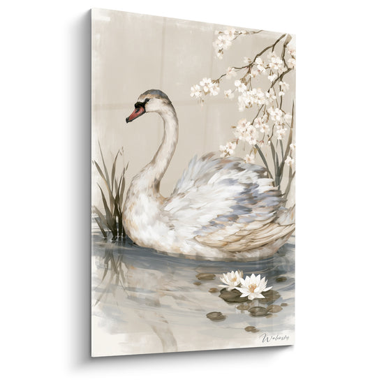 Tableau Cygne blanc et beige aux fleurs de cerisier - Sérénité lacustre - Edition Cygne