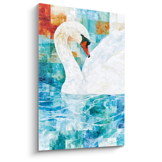 Tableau Cygne blanc et bleu sur mosaïque turquoise - Miroir des eaux - Edition Cygne