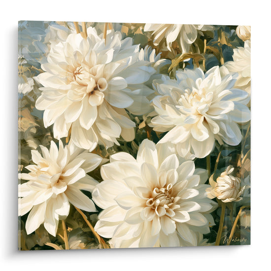 Dahlias blancs aux cœurs dorés peints en touches denses, pétales crème sur fond vert sombre