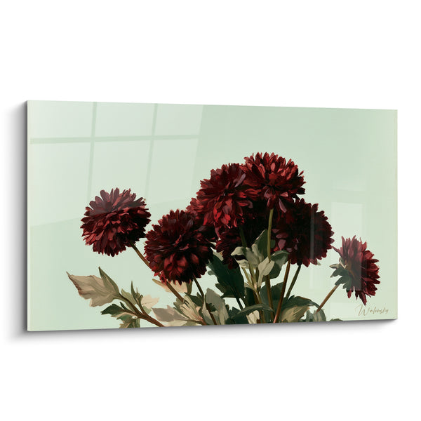 Tableau Dahlias bordeaux et vert amande - Douceur automnale - Edition Dahlia