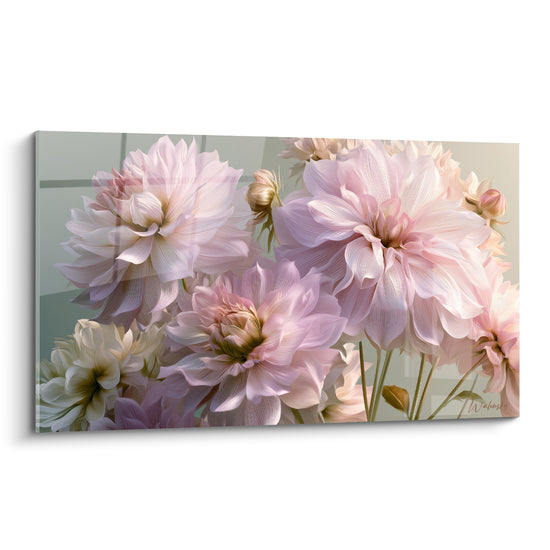 Bouquet de dahlias roses et blancs aux pétales striés, rendu hyperréaliste sur fond vert olive doux