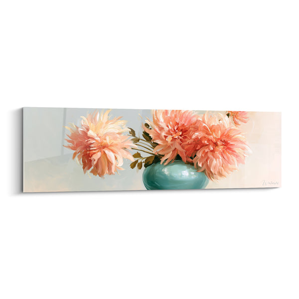 Tableau Vase turquoise aux dahlias pêche épanouis - Feuillage vert olive - Edition Dahlia