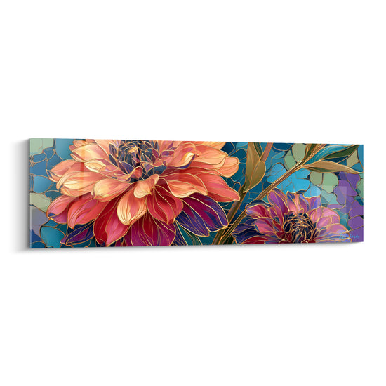 Dahlia corail aux contours dorés façon vitrail sur fond bleu turquoise et vert sauge