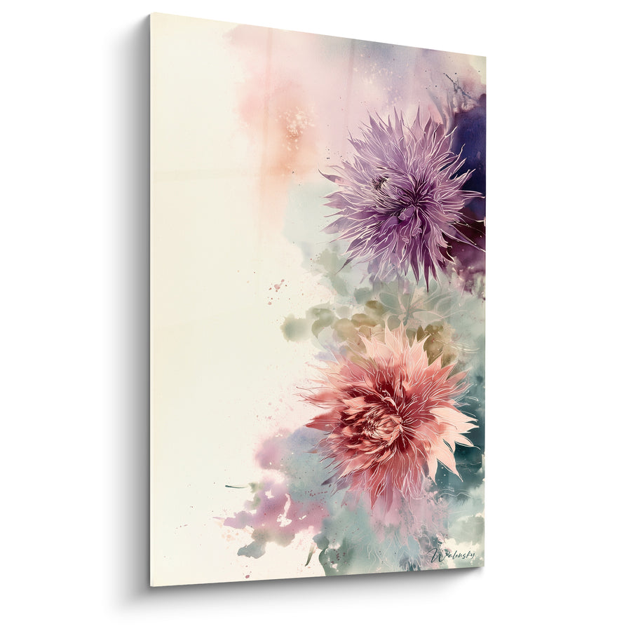 Tableau Dahlias mauve et corail à l'aquarelle - Bruise de pétales - Edition Dahlia