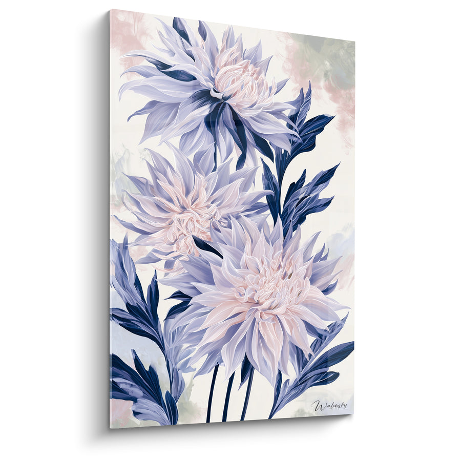 Tableau Dahlias lavande et rose aux feuilles indigo - Trio floral effilé - Edition Dahlia