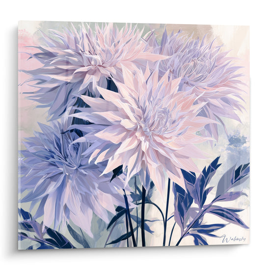 Dahlias roses et mauves aux pétales effilés, feuillage bleu nuit, style aquarelle graphique