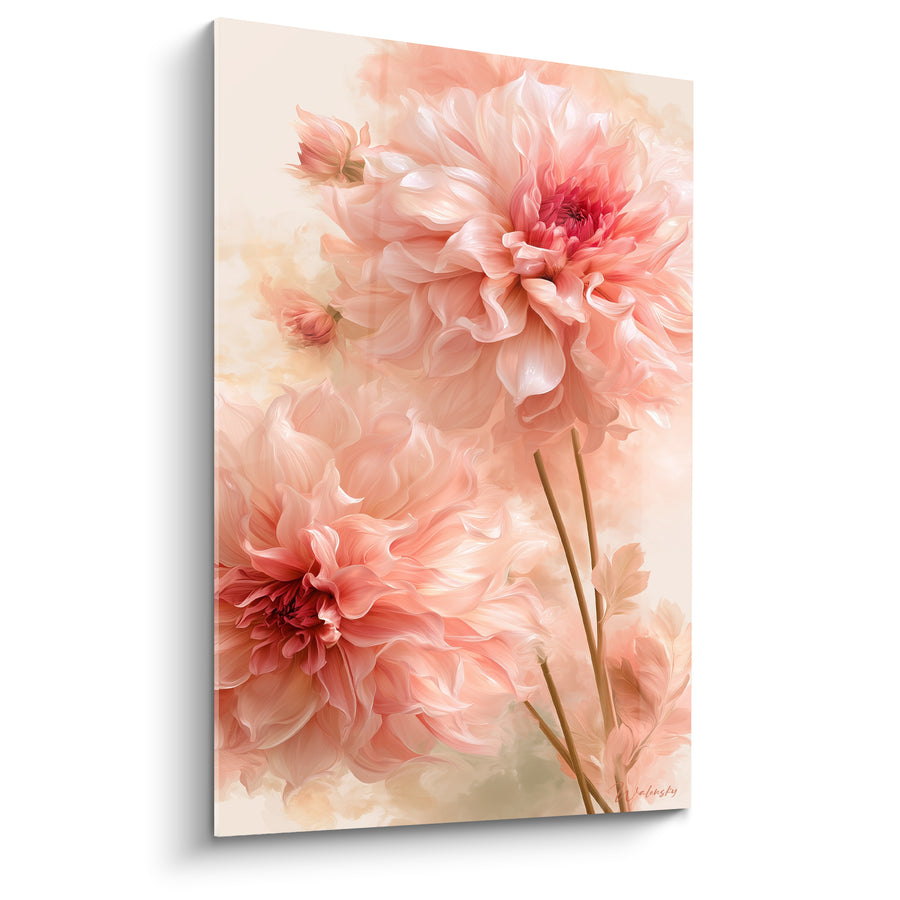 Tableau Dahlia rose et crème aux tiges fines - Boutons en attente - Edition Dahlia