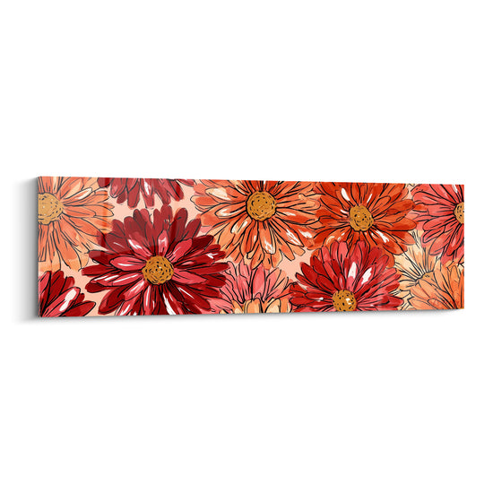 Dahlias rouge bordeaux et orangé aux pétales serrés, cœurs dorés, style illustré graphique