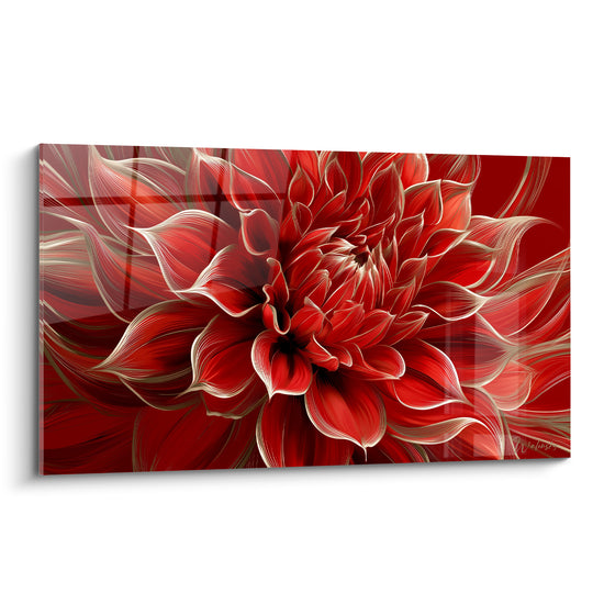 Dahlia rouge intense aux pétales veinés d'or, cœur sombre, composition en éventail sur fond bordeaux