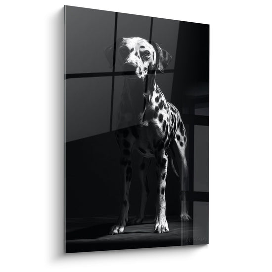 Portrait artistique d'un Dalmatien en noir et blanc assis sur parquet, éclairage dramatique et pose contemplative