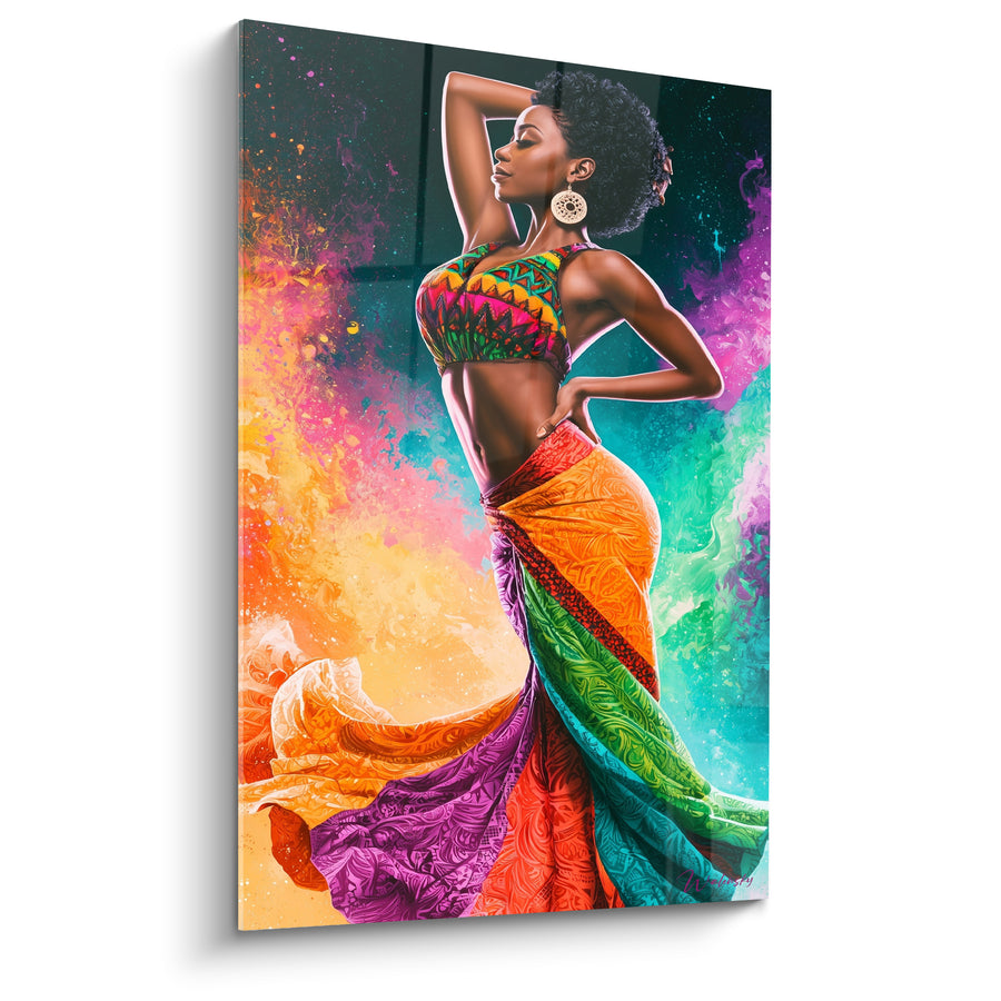 Tableau Danseuse robe orange et violette imprimée - Élan flamboyant - Edition Danse africaine