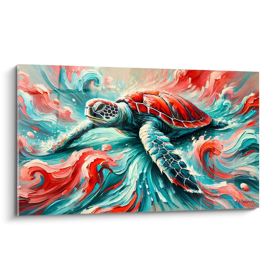 Découvrez le tableau tortue de mer sous un angle unique. Cette œuvre vibrante capture le mouvement gracieux de la tortue en pleine nage dans une explosion de couleurs vives et contrastées.