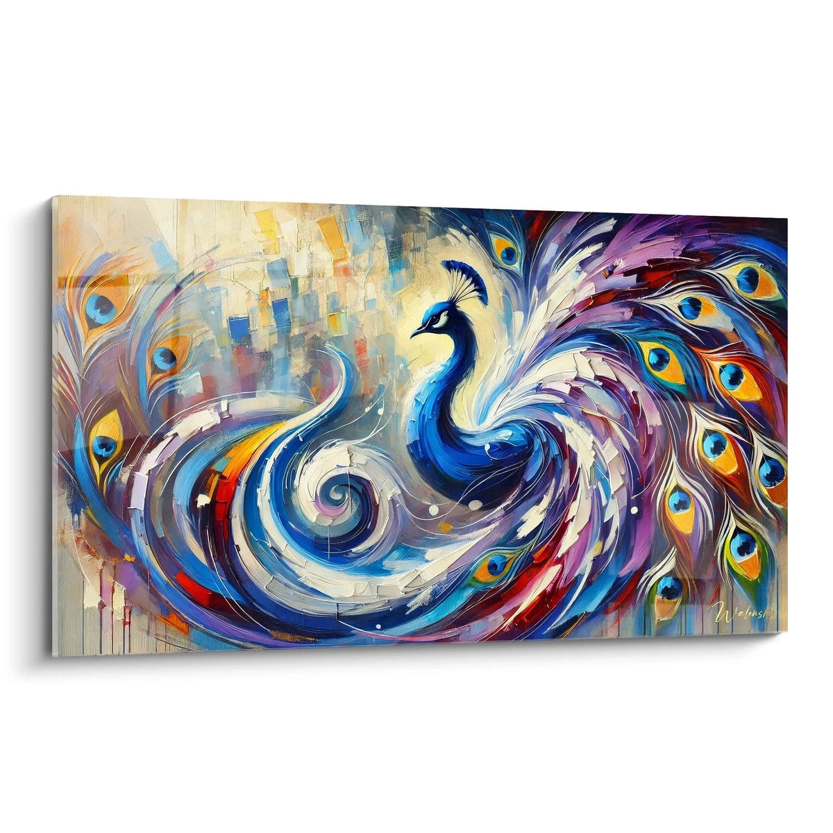 Ce tableau paon, vu de biais, dévoile ses couleurs éclatantes et ses courbes fluides. Il incarne l'élégance avec des plumes majestueuses qui attirent instantanément l'œil dans une mise en scène captivante.

