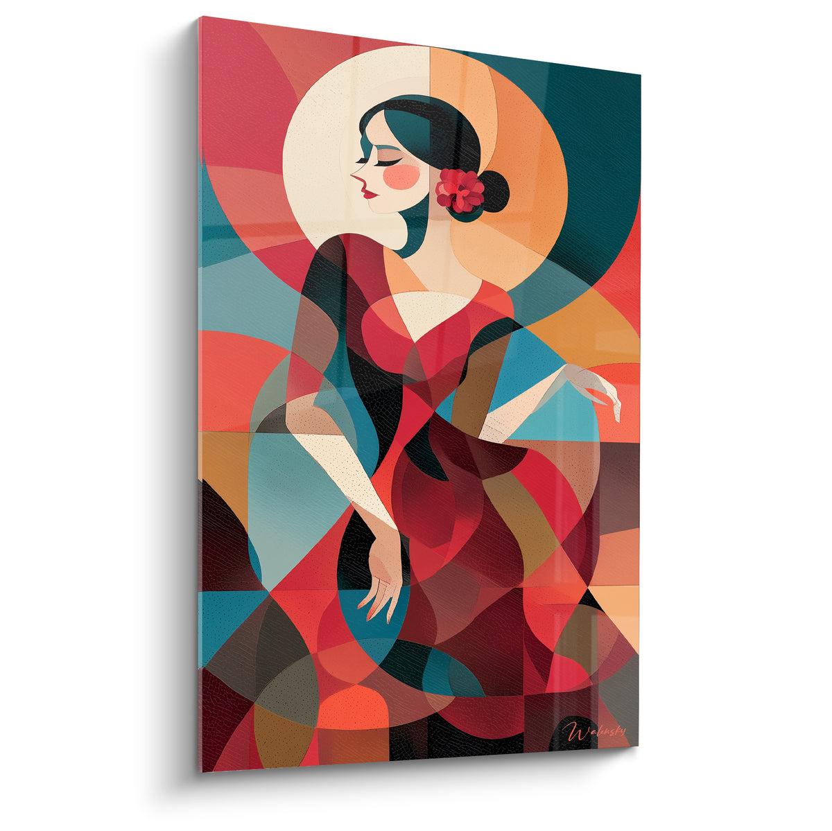 Danseuse espagnole de profil aux couleurs rouge et bleu pétrole, formes géométriques cubistes tranchées