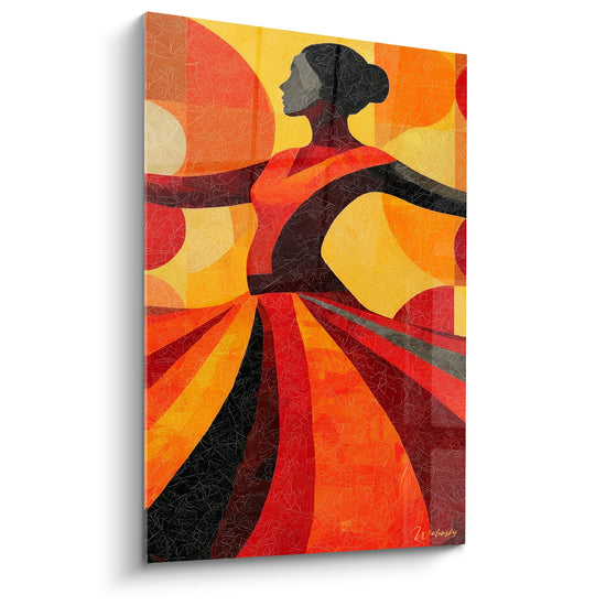 Danseuse silhouette noire aux bras ouverts, jupe rouge et orange tourbillonnante sur fond doré, style graphique.
