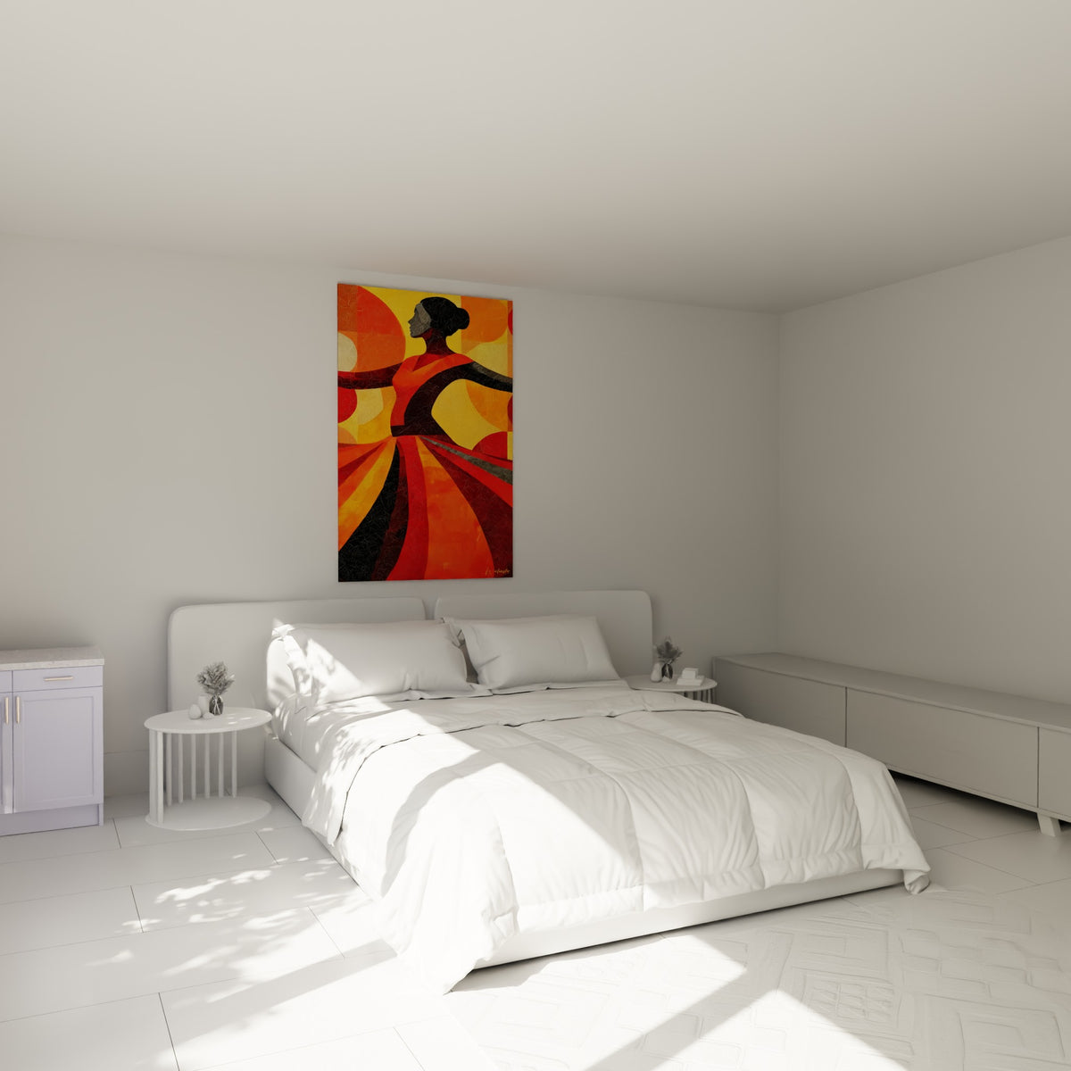 Silhouette de danseuse rouge, orange et noire, jupe déployée, accrochée au-dessus d'un lit dans une chambre claire.