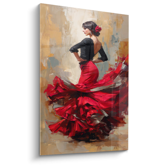 Tableau Danseuse robe rouge et noire volants sculptés - Mains posées aux hanches - Edition Danse espagnole