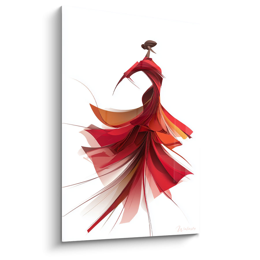 Tableau Danseuse rouge et orange aux longs filaments déployés - Fond blanc épuré - Edition Danse espagnole