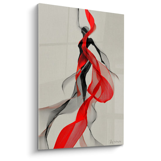 Silhouette noire de danseuse enveloppée d'un ruban rouge vif sur fond ivoire, tableau Danse espagnole graphique