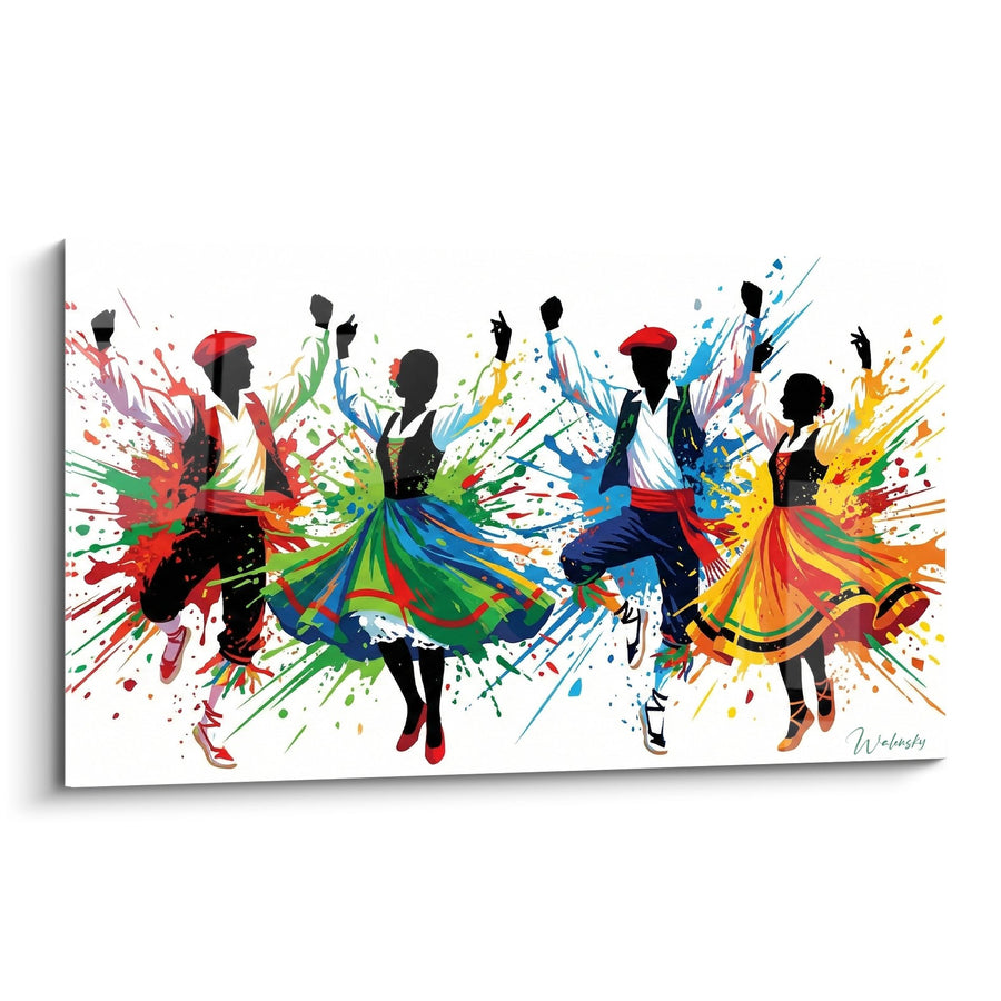 Tableau Danseurs Traditionnels aux Silhouettes Noires et Éclats de Couleurs Vives - Fête Explosive - Edition Pays Basque