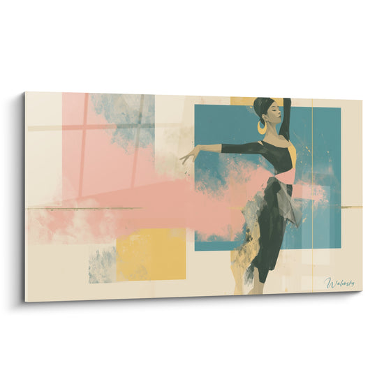 Danseuse abstraite en robe noire, bras levé, sur fond bleu canard et rose poudré