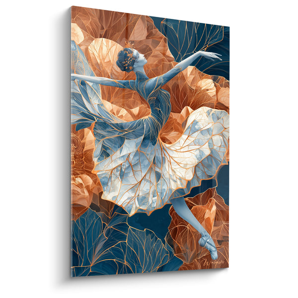 Tableau Ballerine bleu et cuivre aux pétales géants - Nervures dorées entrelacées - Edition Danseuse abstrait