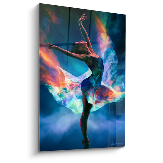 Tableau Danseuse jupe orange et turquoise embrasée - Pointe sur fond vitré - Edition Danseuse abstrait
