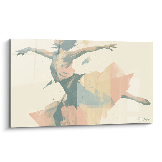 Danseuse abstraite en plein bond, silhouette anthracite et bleu ardoise sur fragments ocre et terracotta