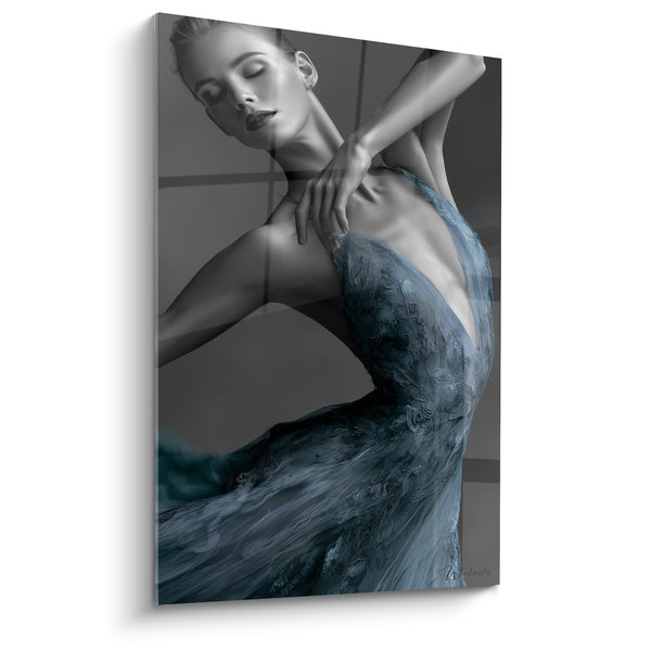 Tableau Danseuse robe bleu et gris texturée profil - Lèvres sombres yeux clos - Edition Danseuse abstrait
