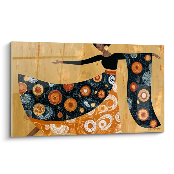 Tableau Danseuse noire et orange aux médaillons circulaires - Boucles d'oreilles dorées - Edition Danseuse abstrait