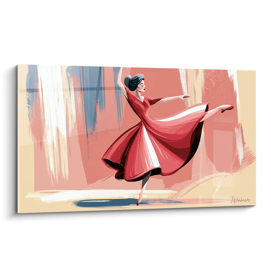 Danseuse abstrait en robe rouge et blanche, bras levés, fond rose et bleu ardoise