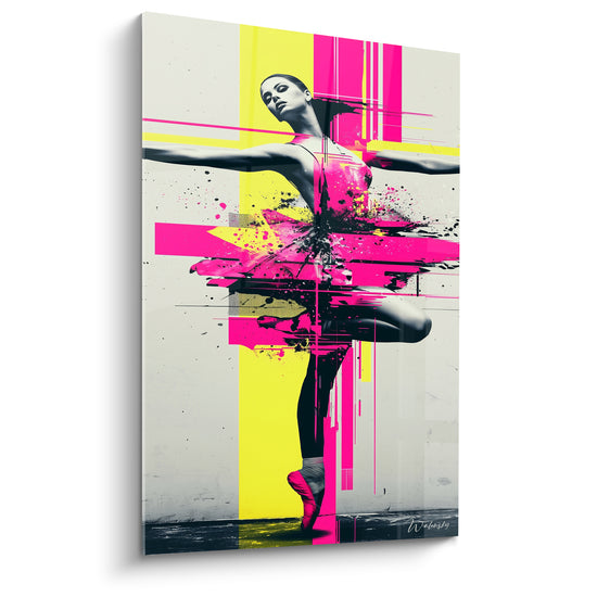 Danseuse abstrait en noir et blanc traversée de bandes rose fluo et jaune vif