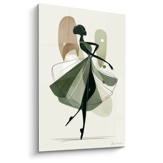 Danseuse abstraite en silhouette noire, jupe vert sauge et fond terracotta sur toile crème