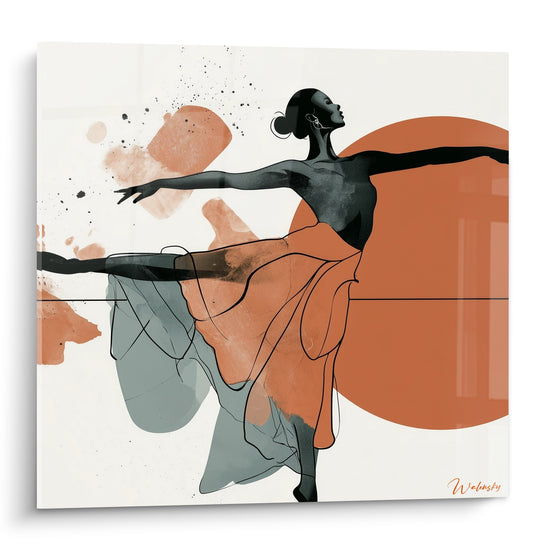 Danseuse abstrait en noir tendue devant un disque terracotta et un drapé bleu gris