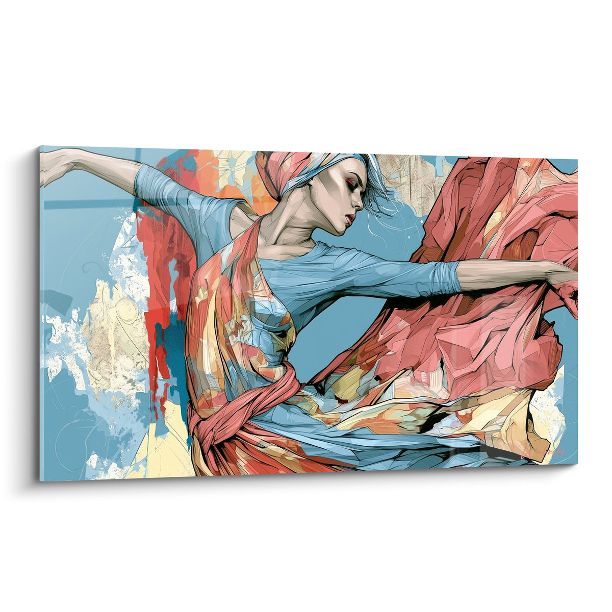 Danseuse abstraite en mouvement, voile corail et vêtement bleu, style graphique fragmenté