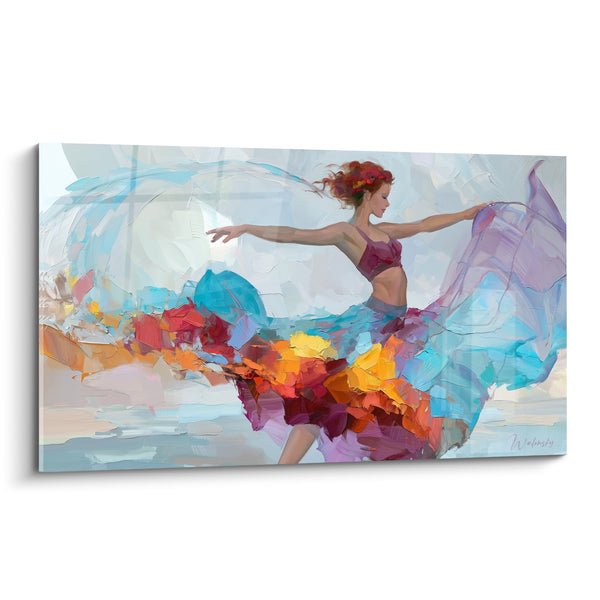 Tableau Danseuse jupe turquoise et orangée aux fleurs rouges cheveux - Voile violet flottant - Edition Danseuse abstrait