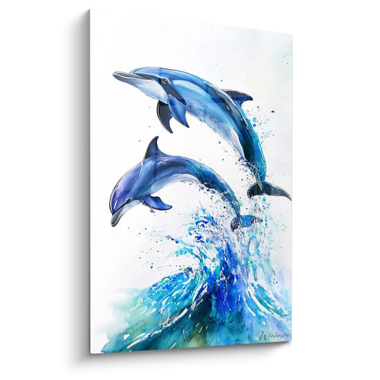 Tableau de deux dauphins sautant au-dessus de vagues bleues, œuvre de Walensky