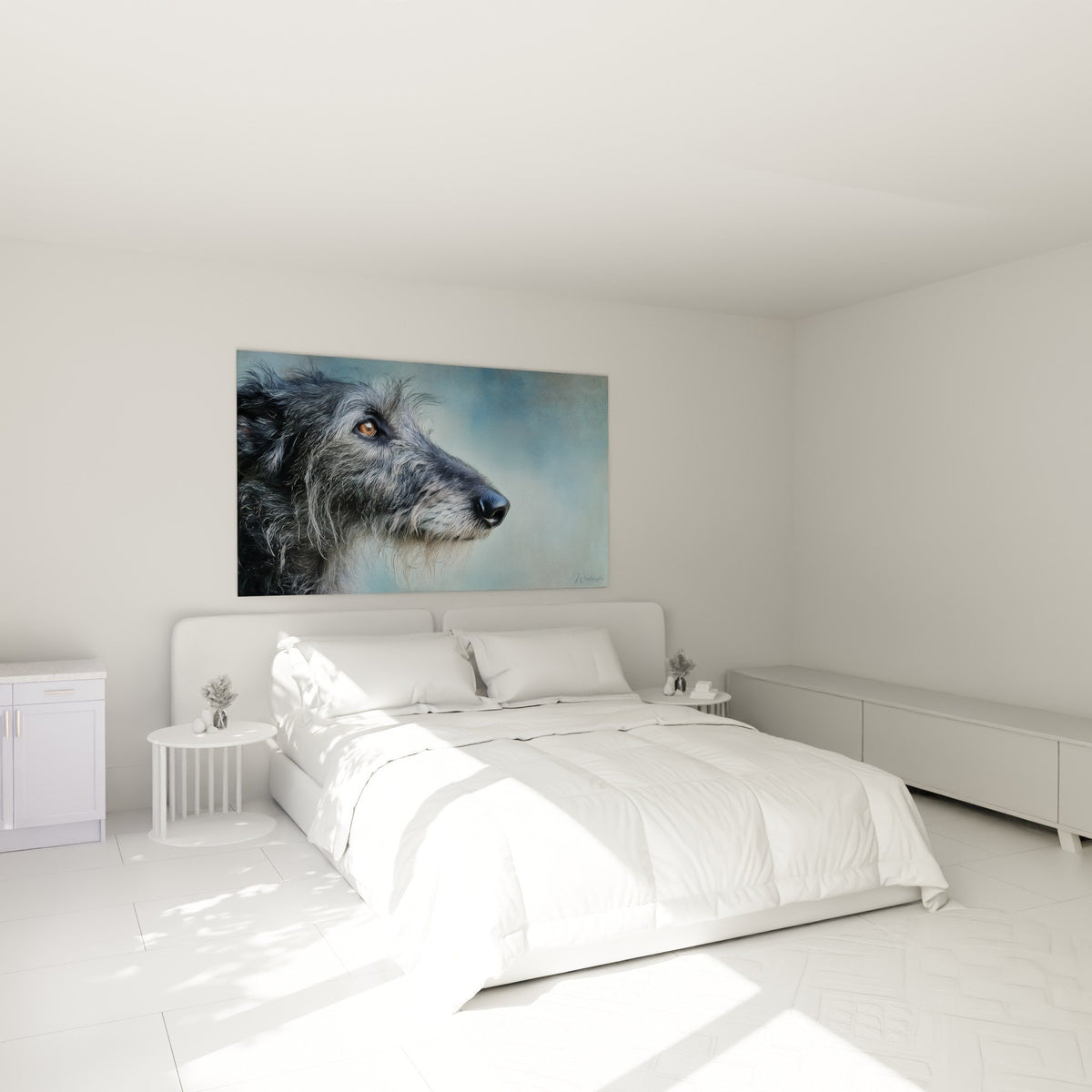 Tableau portrait deerhound gris accroche au mur chambre decoration murale chien elegante