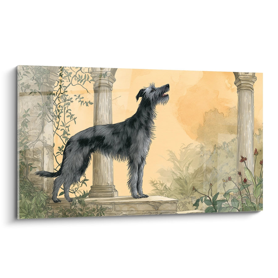 Tableau Deerhound Gris aux Colonnes Dorées dans Jardin Antique - Élégance Intemporelle - Edition Deerhound