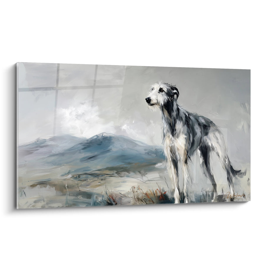 Tableau Deerhound aux tons gris dans un paysage pastoral brumeux - Élégance sauvage - Edition Deerhound