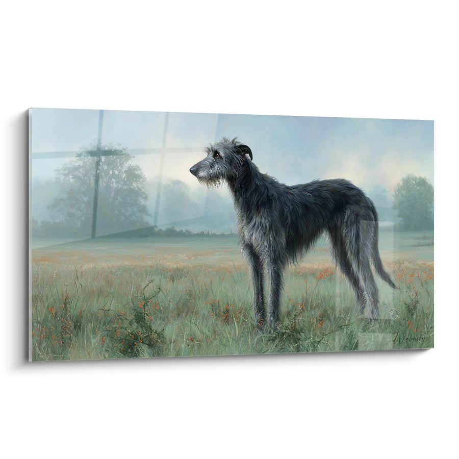 Tableau Deerhound Noir et Gris Contemplant l'Horizon dans Champ Brumeux - Majesté Canine - Edition Deerhound