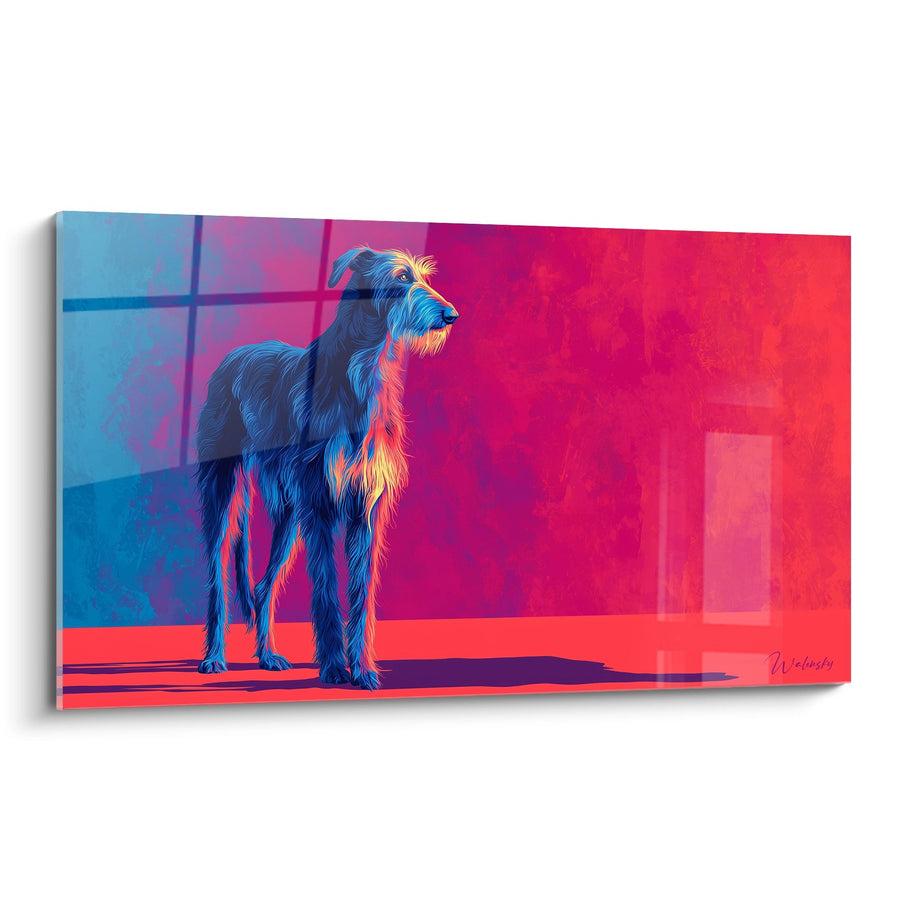 Tableau Deerhound Debout Couleurs Électriques Bleu et Rouge - Éclat Néon - Edition Deerhound