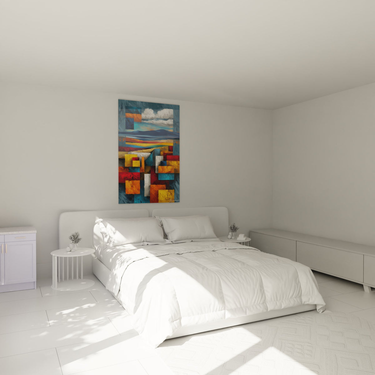 Tableau géométrique désert dans ambiance chambre moderne avec décoration murale abstraite