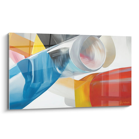 Tableau dessin abstrait géométrique coloré avec formes cylindriques et triangulaires modernes