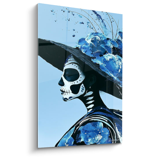 Tableau Visage peint noir et bleu au large chapeau fleuri - Profil au collier osseux - Edition Dia de los Muertos