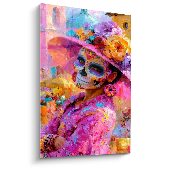Tableau Catrina au chapeau rose et violet fleuri - Célébration éclatante - Edition Dia de los Muertos