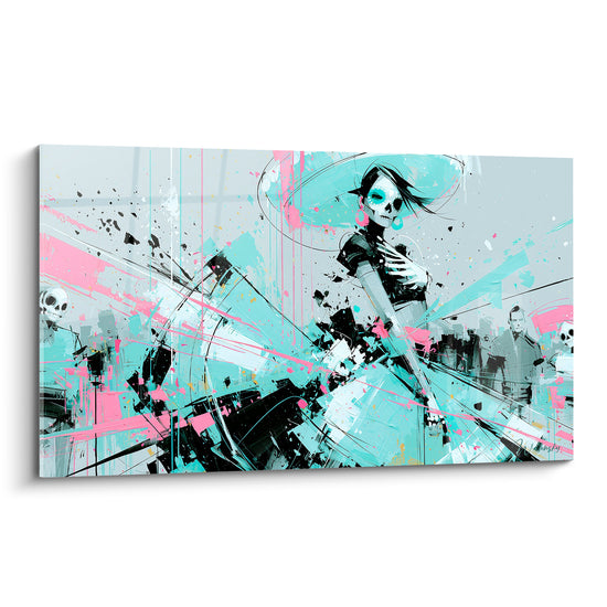 Catrina turquoise et rose fuchsia en pleine explosion graphique, tableau Dia de los Muertos éclaté