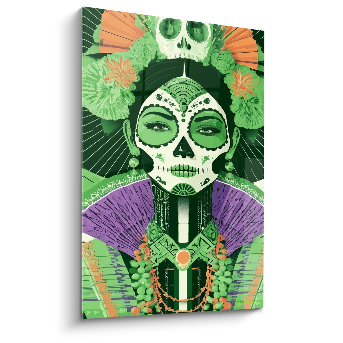 Catrina verte au crâne fleuri orange et violet, visage peint dans un style Dia de los Muertos