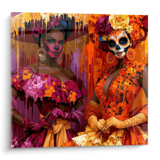 Deux Catrinas Dia de los Muertos en magenta et orange, visages peints, roses éclatantes